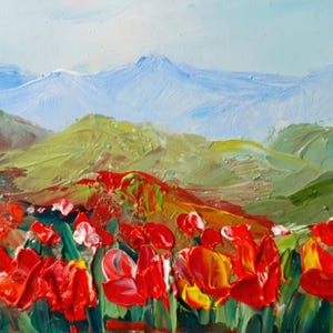 Pintura original do Monte Rainier Flores de papoula amarelas, laranja e vermelhas crescendo na Califórnia, pintura a óleo texturizada em impasto