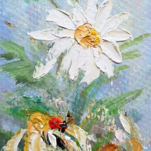 Pink daisy painting original Forget me not floral painting Colorful impasto oil painting with blooming flowers
