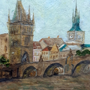Pintura original del Puente de Carlos de Praga, pequeña pintura al óleo realista de un paisaje urbano hecha a mano, un regalo único para los amantes de los viajes