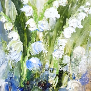 Pintura de lirio del valle, tamaño original de ACEO, obra de arte pequeña, flores blancas de primavera, obra de arte hecha a mano para la decoración del hogar