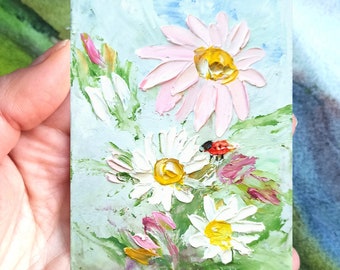 Daisy painting original Lady bird impasto artwork Ladybug small painting handmade Positive flower painting