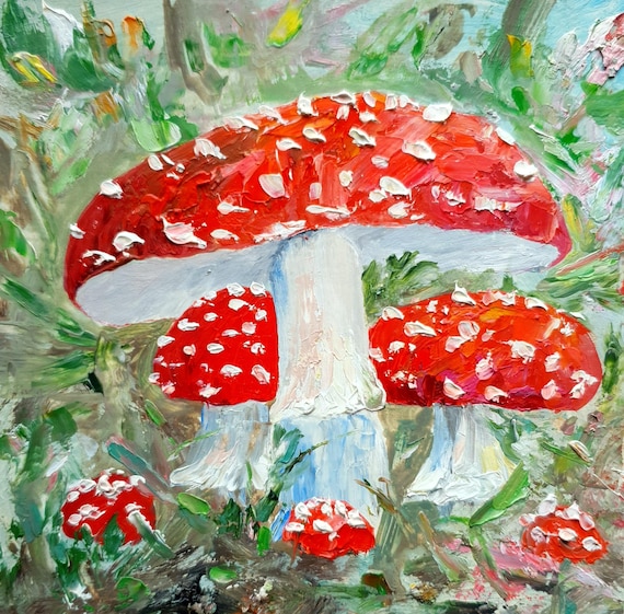 Fly Agaric Painting: Textured Impasto Mushroom Art (2.5x3.5)