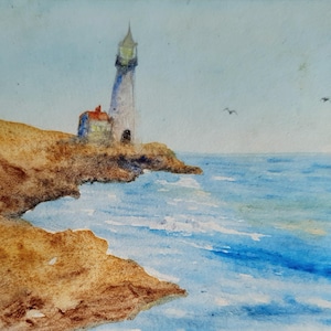 Lighthouse painting original Seascape sailboat watercolor small painting Sea lovers gift