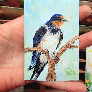 Swallow painting original Bird on tree portrait ACEO size handmade artwork Bird lovers gift