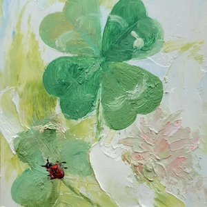 Dipinto originale a forma di quadrifoglio, coccinella su trifoglio, dipinto ad olio di piccole dimensioni, regalo fortunato, talismano stravagante fatto a mano