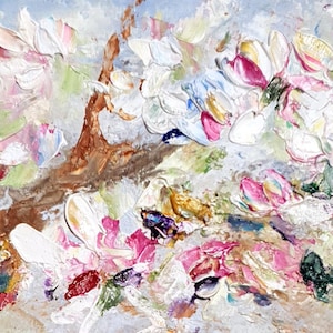 Pintura al óleo de flor de cerezo de primavera, tamaño ACEO, obra de arte de flor de sakura, regalo para amantes de la naturaleza, arte texturizado hecho a mano, colores neutros