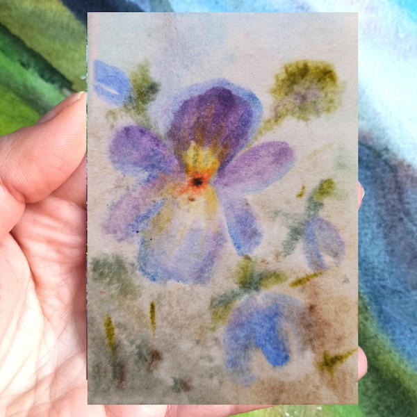 Alpen violet painting Wild pansy purple yellow violet small flower artwork