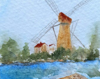 Windmill painting original ACEO size,  Holland landscape with blooming tulip flowers
