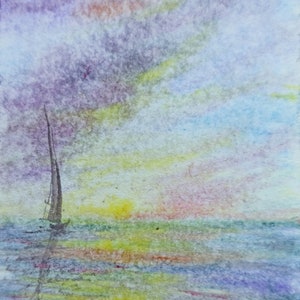 Dipinto di barca a vela formato ACEO originale Tramonto sull'oceano acquerello arte piccolo dipinto di paesaggio marino