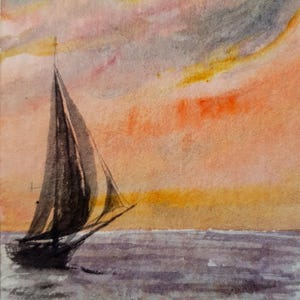 Dipinto di barca a vela formato ACEO originale Tramonto sull'oceano acquerello arte piccolo dipinto di paesaggio marino Regalo per gli amanti del mare