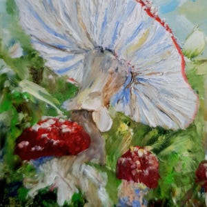 May include: An oil painting depicting a large mushroom with a white, textured underside and a red-rimmed cap, surrounded by smaller red mushrooms with white spots. The scene is set against a background of green foliage and a light blue sky.