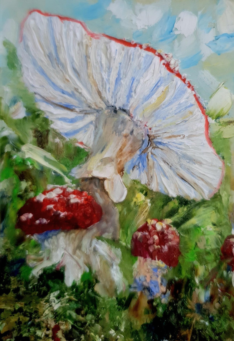 May include: An oil painting depicting a large mushroom with a white, textured underside and a red-rimmed cap, surrounded by smaller red mushrooms with white spots. The scene is set against a background of green foliage and a light blue sky.