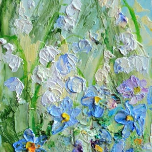 Dipinto originale di prato primaverile, mughetto, non ti scordar di me, fiori selvatici, dipinto a olio fatto a mano, opera d'arte floreale in impasto strutturato