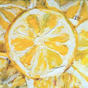 May include: Close-up of a painting featuring several lemon slices. The slices are painted with thick brushstrokes in shades of yellow and white, creating a textured effect. The artwork evokes a sense of freshness and vibrancy.