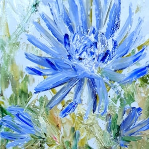 Pintura original de centáurea Pequena obra de arte de flor azul claro