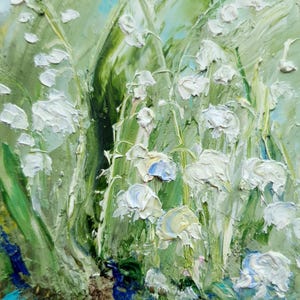 Pintura de lirio del valle, tamaño original de ACEO, obra de arte pequeña, flores blancas de primavera, obra de arte hecha a mano para la decoración del hogar