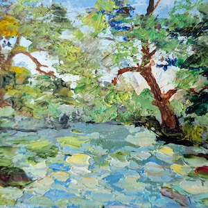 Alberi fiume dipinto originale Paesaggio dipinto impasto Piccolo dipinto positivo Natura amatori regalo