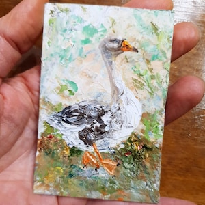 Pintura de ganso original Retrato de pájaro de granja Pintura al óleo Tamaño ACEO