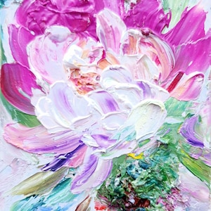 Peony painting original Pink white flowers abstract impasto oil painting Textured handmade artwork floral neutral colours Image 1