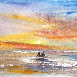 ACEO Watercolor Painting: Couple Swimming at Sunset Beach
