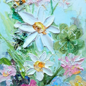 Dipinto originale di un prato stravagante, quadrifoglio, margherita, fiori selvatici, piccolo talismano a forma di trifoglio a quattro foglie, regalo di margherita per gli amanti della natura