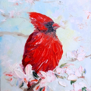 Vogel Kardinal Ölgemälde original Impasto strukturiertes Kunstwerk mit blühenden Apfelbaumblumen