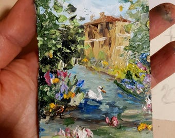 cygne, vieux parc, peinture, original, taille, ACEO, collection, paysage, oeuvre, étang, oiseaux, arbres, fleurs