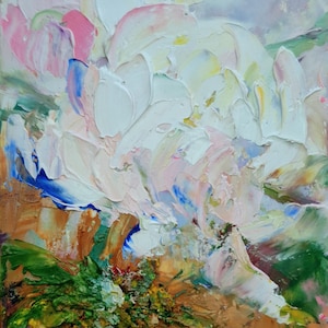 May include: Abstract oil painting of a large white flower with textured brushstrokes. The petals have touches of pink, blue, and yellow. The background features shades of green, brown, and orange.