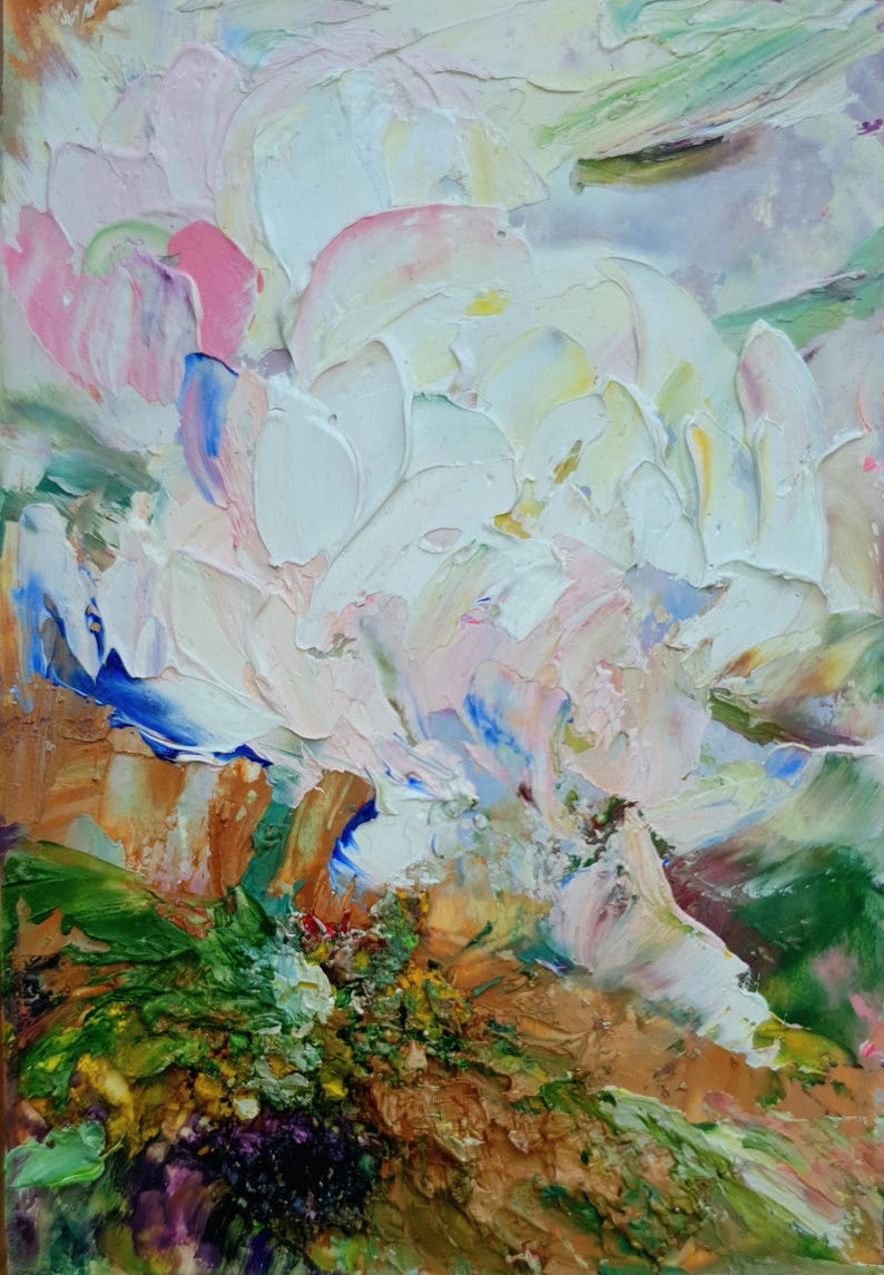 May include: Abstract oil painting of a large white flower with textured brushstrokes. The petals have touches of pink, blue, and yellow. The background features shades of green, brown, and orange.