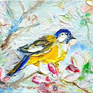 Dipinto originale di cinciarella su tela. Dipinto ad olio a impasto dalla consistenza molto ruvida raffigurante un uccello blu e giallo.