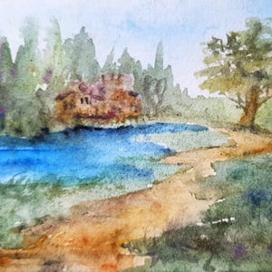 Lago montagne albero paesaggio dipinto originale Inghilterra natura opera d'arte