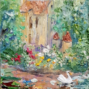 Swan old park painting original ACEO size collectable landscape artwork Pond Bird Trees flowers