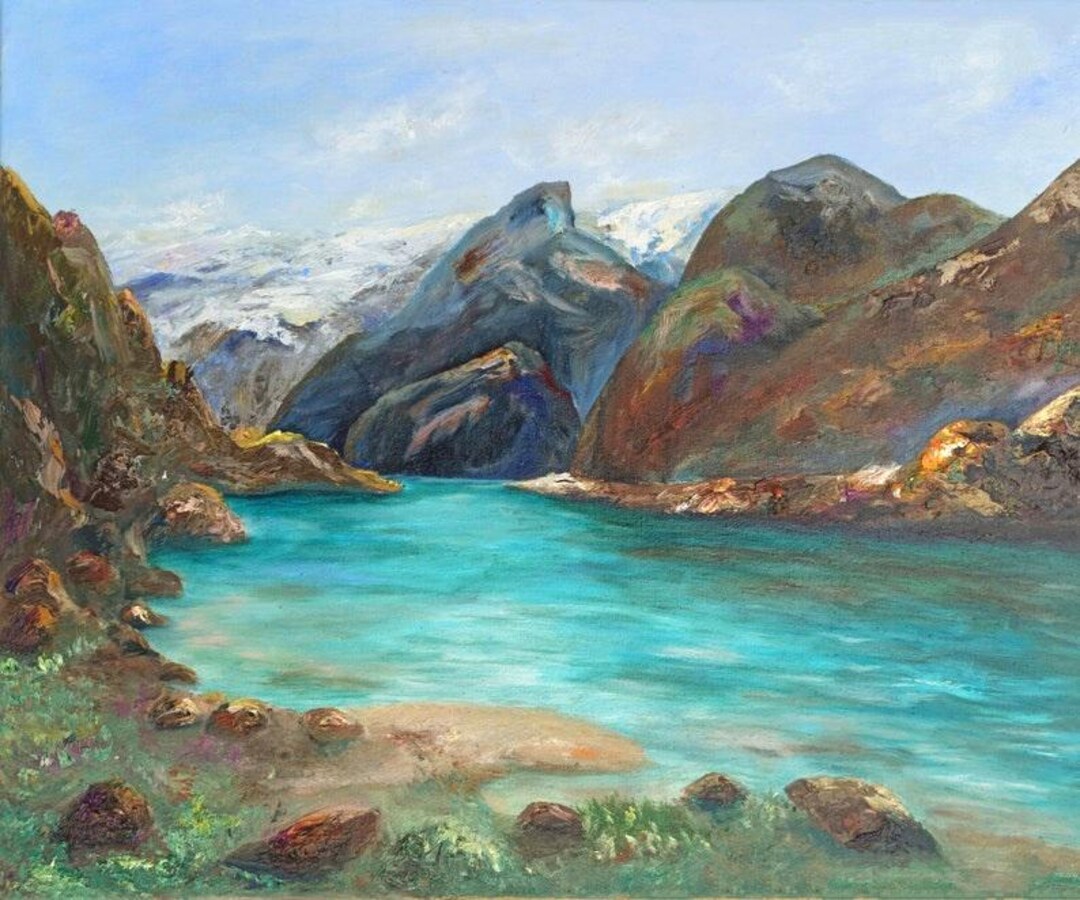 Lake Mountains Oil Painting Original Wrapped Canvas Landscape Artwork ...
