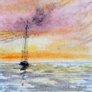 Sailboat painting original ACEO size Sunset over the ocean watercolor art small seascape painting Gift under 20 dollars