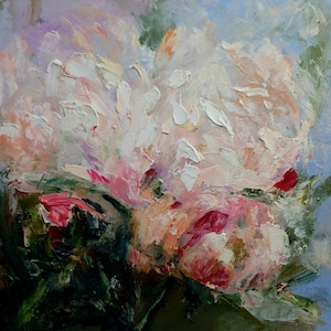 Pintura quadrada de peônia 7" por 7" Pintura a óleo original em empastamento Arte floral de peônia de primavera em cores neutras e opacas
