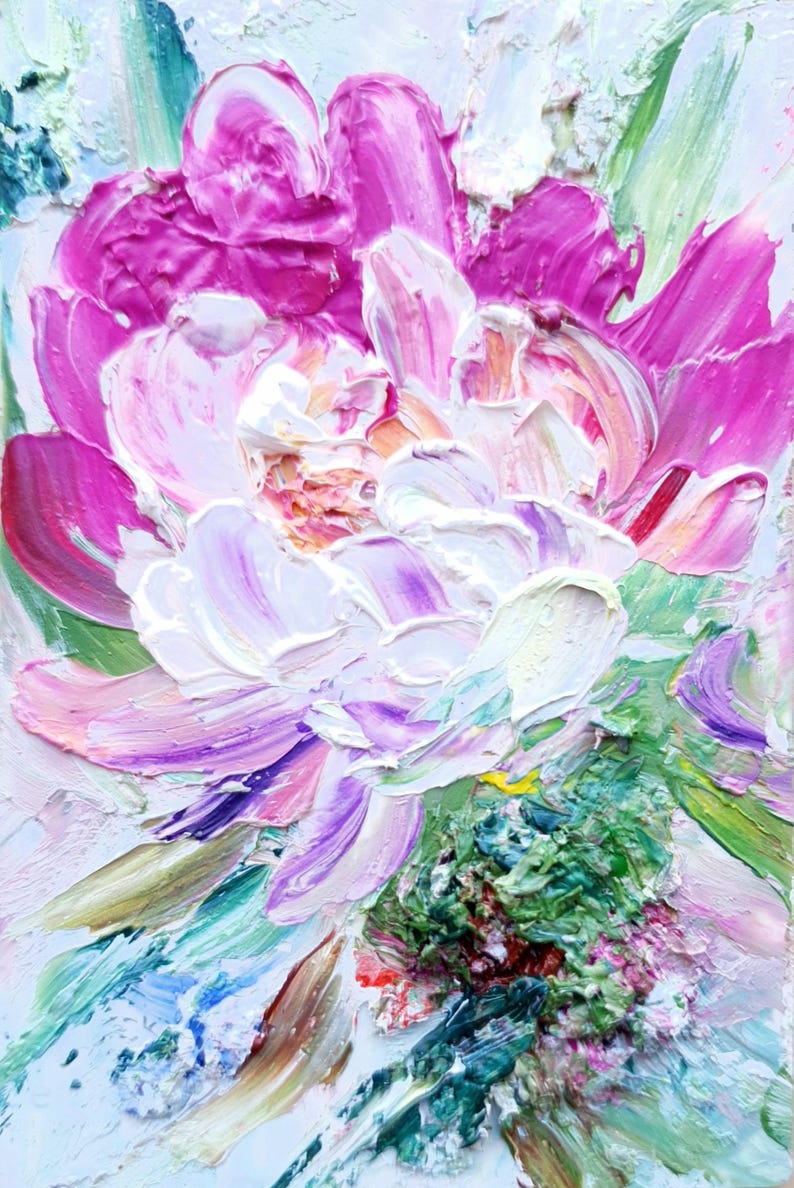Peony Painting Original Pink White Flowers Abstract Impasto Oil ...