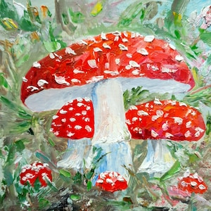 Fly Agaric Painting: Textured Impasto Mushroom Art (2.5x3.5) 4" x 4" Inch. mage 4