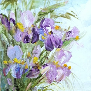 Iris in de buurt van vijver schilderij originele bloeiende paarse bloemen kunstwerk wilde irissen ACEO-formaat klein schilderij voor natuurliefhebbers cadeau