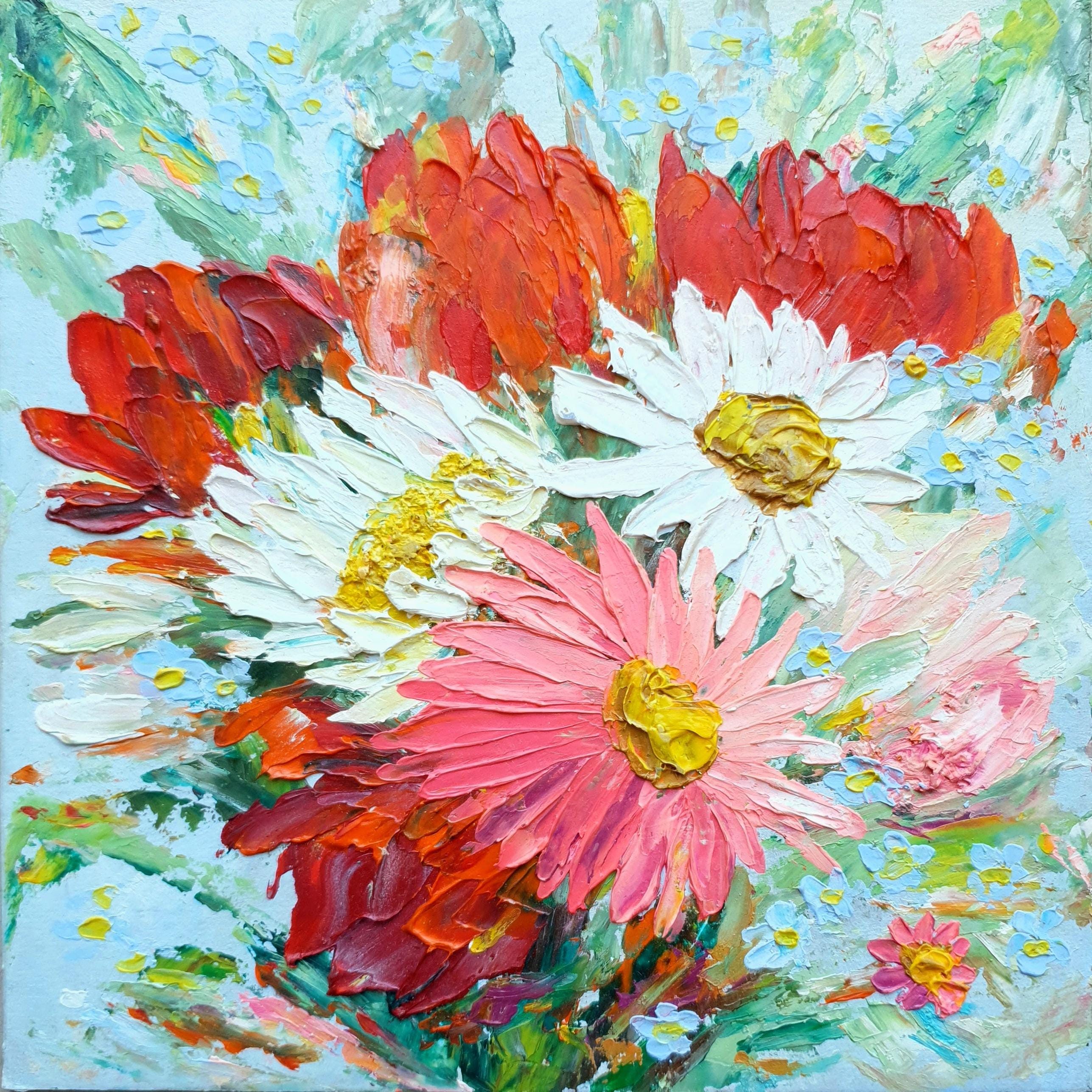 Daisy Poppy Painting Original Square Floral Artwork - Etsy