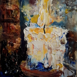 Dipinto originale di candele, piccolo dipinto ad olio di dimensioni ACEO raffigurante un fuoco che brucia nella notte