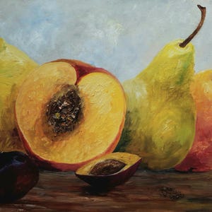 Pintura original de pêssego, pera, ameixa, laranja e limão, natureza morta, arte de parede com frutas