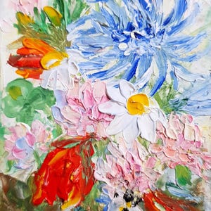 Pintura original de prado floreciente con margaritas, amapolas, acianos y tréboles, obras de arte de flores de verano, arte al óleo de empasto con flores de color rojo, rosa, blanco y amarillo