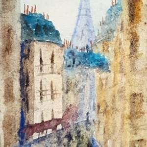 Paris landscape painting original Eiffel tower trees and parisienes small watercolor Travel lovers gift