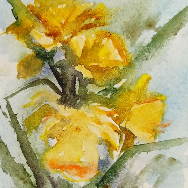 Jonquille, peinture originale, petite oeuvre d'art de petites fleurs de printemps jaunes Fleurs de jardin en fleurs à collectionner