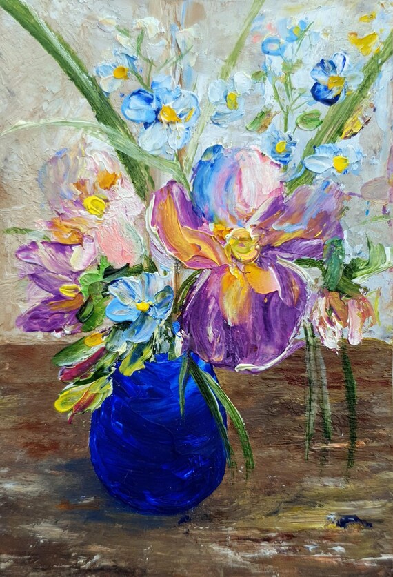 花の油絵：コバルト色の花瓶に入ったパンジーとワスレナグサ（2.5x3.5