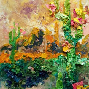 Dipinto originale del deserto dell'Arizona Cactus piccola opera d'arte con montagne Regalo per gli amanti dei viaggi