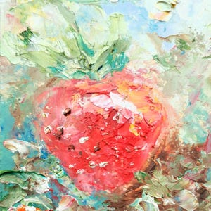 Cuadro original de fresas Cultivando fresas cuadro pequeño Obra de arte hecha a mano