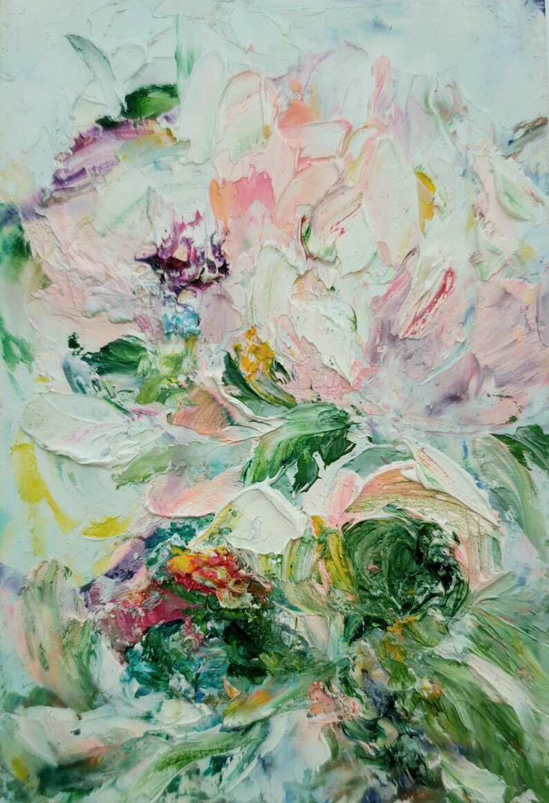 Peony painting original Pink white flowers abstract impasto oil painting Textured handmade artwork floral neutral colours Image 4