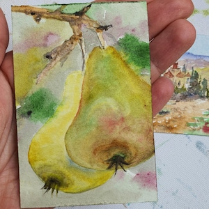 Dipinto di pere originale Coppia di pere acquerello fatto a mano opera d'arte Frutta arte murale per il riscaldamento della casa