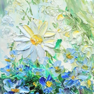 Dipinto originale di fiori di campo selvatici, mughetto, nontiscordardime e margherita, opera d'arte da collezione, piccola opera d'arte floreale